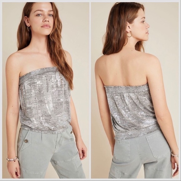 ANTHROPOLOGIE Silver Shimmer Metallic Maiah Tube Top Size Extra Small - Picture 1 of 8